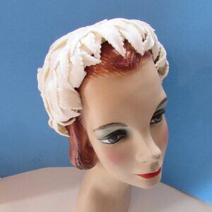 1950 Era White Half Hat Faux Feathers Jonquil Brand